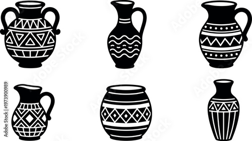 Black and white flat design six pottery vases with geometric patterns vector art
