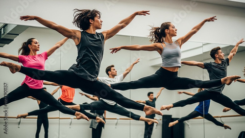 Dynamic Ballet Dancers in Mid-Air Leap, Graceful Movement, Studio Practice, Artistic Performance.