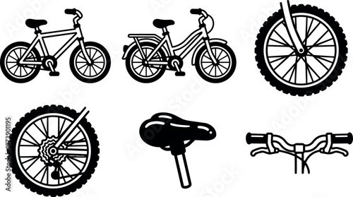 Bicycles parts and two bicycle models in side view