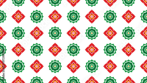 Seamless pattern with vibrant red geometric diamond shapes and green abstract floral elements on a clean white background, creating a cheerful, decorative, and modern design for fabric,