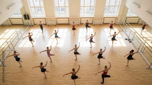 Ballet Dancers Practicing Graceful Poses in a Brightly Lit Dance Studio.