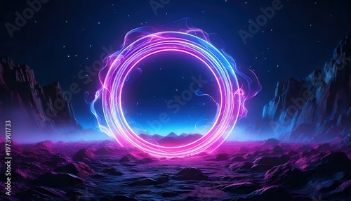 Un portail cosmique circulaire brillant avec des néons magenta et bleus au milieu d'un paysage désertique rocheux sous un ciel étoilé.