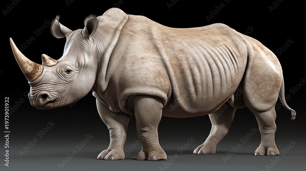 Fototapeta premium Imposing White Rhinoceros Standing in Clear Profile Beside a Dark Studio Background