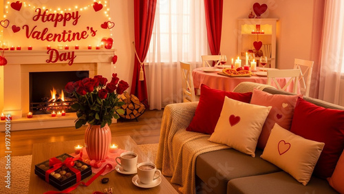 Romantic Valentines Day Living Room Decor with Fireplace, Roses, and Cozy Ambiance.