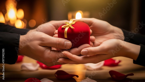 Romantic Gesture - Hands Presenting a Red Gift Box with a Golden Bow, Symbolizing Love and Commitment.