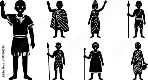 Black silhouette people waving in traditional african clothing holding spears and pots