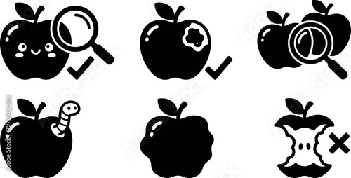 Healthy and worm eaten apples with magnifying glass check mark and cross symbols