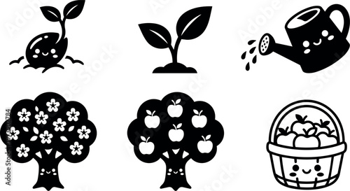 Black and white cute plant growth and apple tree icons with watering can and basket