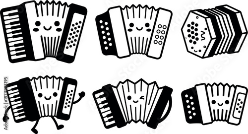 Black and white kawaii accordion with smiling faces and playful poses vector art