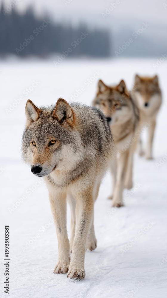 Fototapeta premium Majestic wolves trotting in single file across frozen landscape
