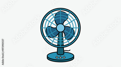 A simple blue electric desk fan with three blades on a white background