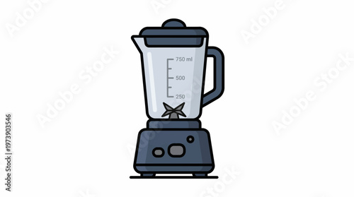 A detailed illustration of a modern kitchen blender with measurement markings on its jug, set against a white background