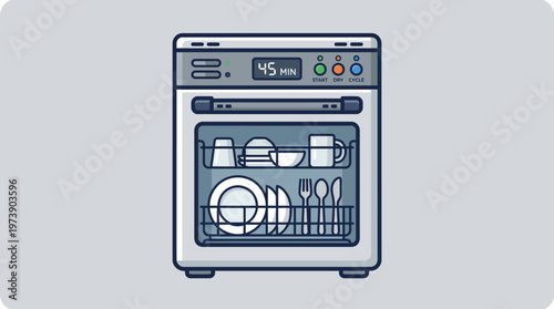 Open dishwasher filled with clean dishes, cutlery, and cups ready to be unloaded