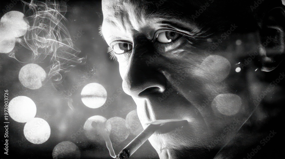 Fototapeta premium Dramatic black and white portrait of a person smoking a cigarette