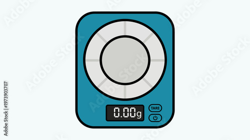 Modern flat design illustration of a digital kitchen scale icon for precise culinary measurements, perfect for cooking and baking tasks
