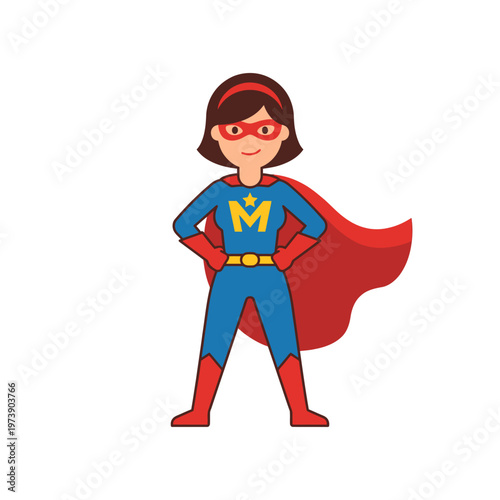 vector illustration of A superhero woman standing proudly, radiating strength and determination. She wears a striking costume with a cape and a mask, embodying heroism
