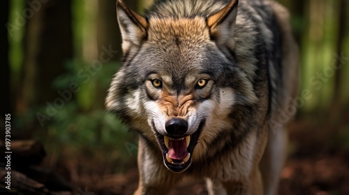 Intense close-up of a snarling gray wolf baring teeth in a dense forest setting