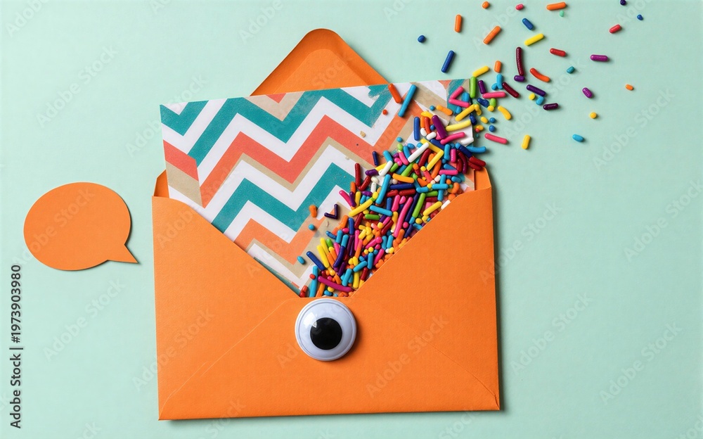 Obraz premium Colorful sprinkles burst from an orange envelope with a googly eye
