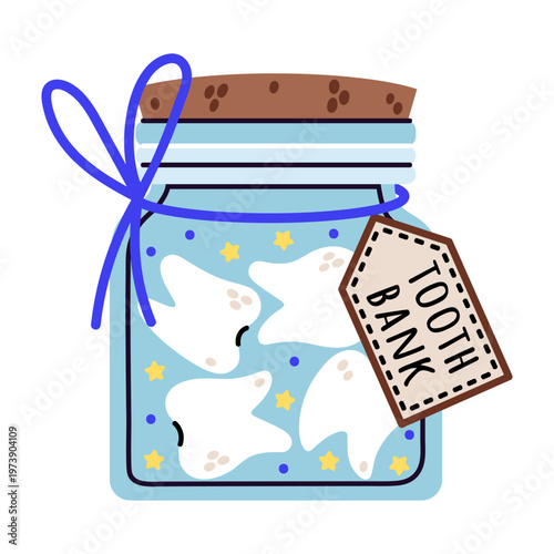 Dental bank vector illustration. Glass jar with lost teeth, cork stopper, label, ribbon, and stars. Tooth fairy storage, incisors and molars. Hand drawn cartoon clip art isolated on white. Oral care