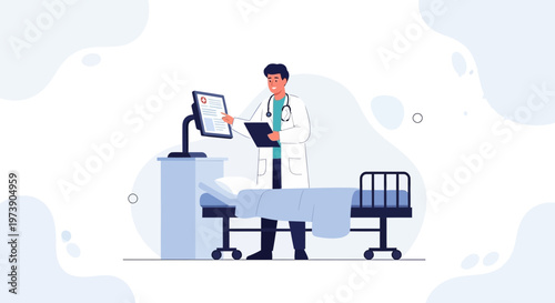 Doctor with Medical Record and Hospital Bed, Healthcare Illustration