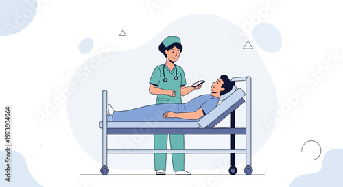 Nurse checking on patient in hospital bed, medical care illustration