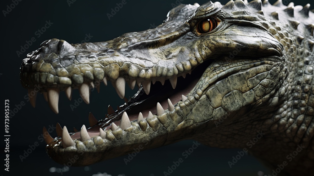 Fototapeta premium Intense close-up portrait of a menacing crocodile head with razor teeth and textured scales