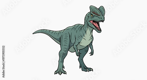 Dilophosaurus, a large carnivorous dinosaur, depicted in a drawing with its distinct crest