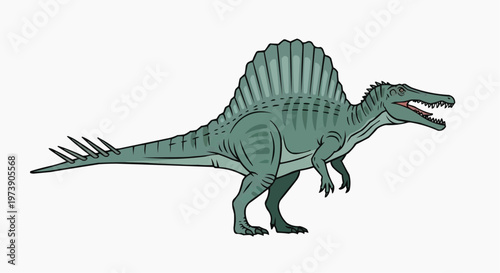 An illustration of a Spinosaurus, a large dinosaur with a distinctive sail on its back. The dinosaur is depicted in a side profile, with detailed features and an intimidating presence. 