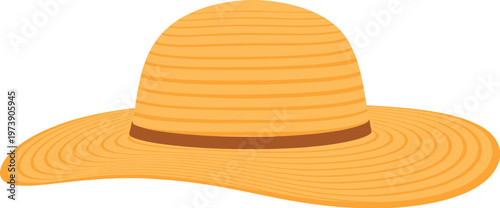 Yellow Straw Sun Hat with Brown Band on White Background