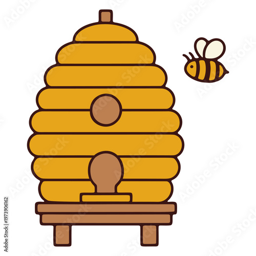 Traditional Wooden Beehive With Honey Bee For Beekeeping And Nature Conservation Vector Illustration