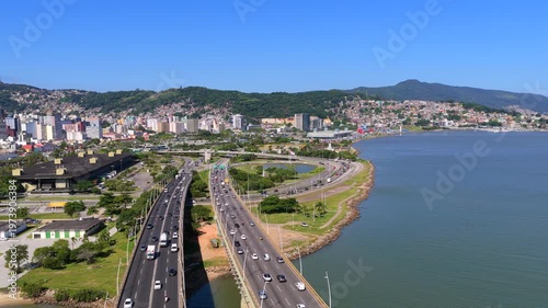 Aerial video of Colombo Salles and Pedro Ivo Campos bridges over Baia Sul, Florianopolis, Santa Catarina.
