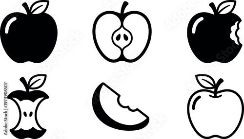 Black and white simple apple icons with whole half bitten and core views