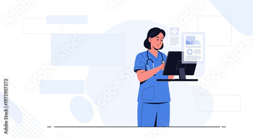 Nurse using computer for medical records and patient data on screen