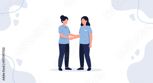 Two nurses shaking hands, healthcare teamwork, medical professionals collaboration