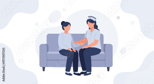Nurse comforting patient on sofa, healthcare, empathy, support, medical care concept