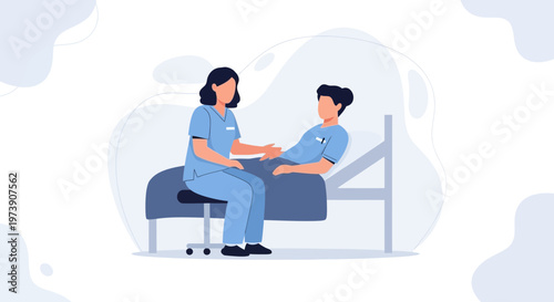 Nurse caring for patient in hospital bed, medical care, healthcare illustration
