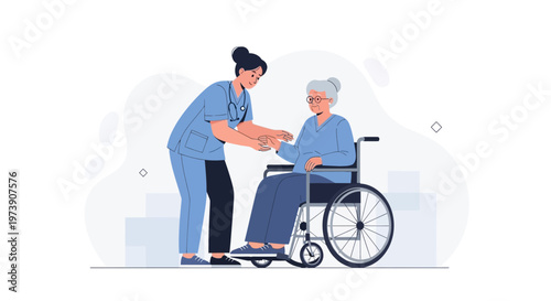 Nurse assisting elderly woman in wheelchair, healthcare, medical care, support concept
