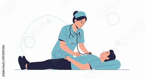 Nurse examines patient lying down with stethoscope, medical checkup illustration
