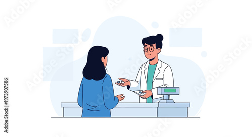 Pharmacist giving pills to customer at counter, healthcare consultation, medicine dispensing