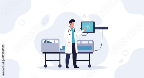 Doctor with Heart Monitor and Hospital Beds - Medical Technology and Healthcare Concept