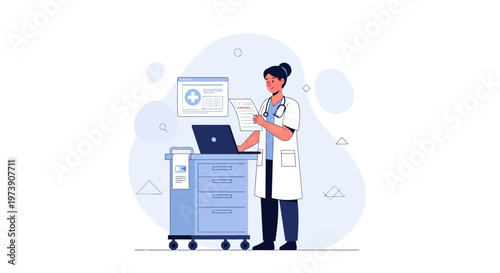 Doctor reviewing medical records on laptop and paper, digital health concept