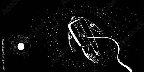 A robotic hand connected to a cord floats in space with a star and galaxy in the background, depicted in a minimalist line drawing style with a dark and mysterious mood.