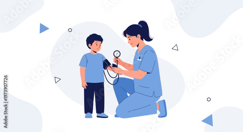 Nurse checking child's blood pressure with sphygmomanometer, healthcare concept