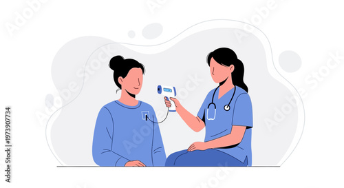 Nurse checking patient's temperature with infrared thermometer, medical checkup, healthcare concept