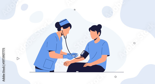 Nurse checks patient's blood pressure with stethoscope, medical checkup concept illustration