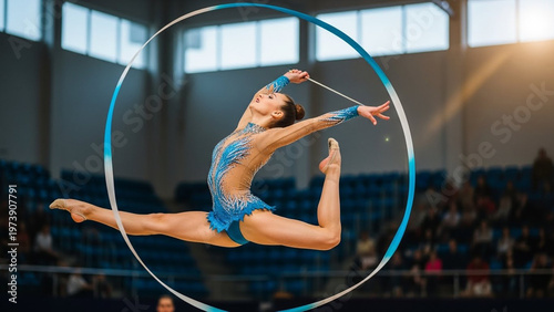 Graceful Rhythmic Gymnast Performing with Ribbon in Mid-Air During Competition.
