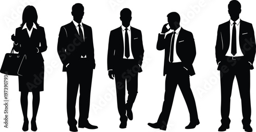 Business professionals silhouettes, corporate team standing poses, office workers in suits, businesswoman with handbag, teamwork concept, leadership, communication, success