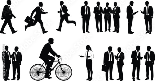 Business professionals silhouettes, corporate lifestyle activities, office workers in suits, teamwork communication, running with briefcase, cycling, walking, leadership, success