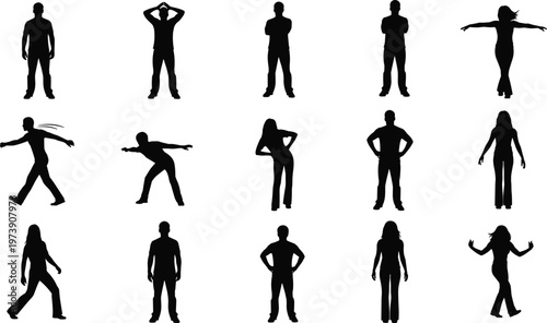 Human silhouette posture set, expressive body language poses, standing figure illustration, walking gesture artwork, confident stance icons, motion analysis design