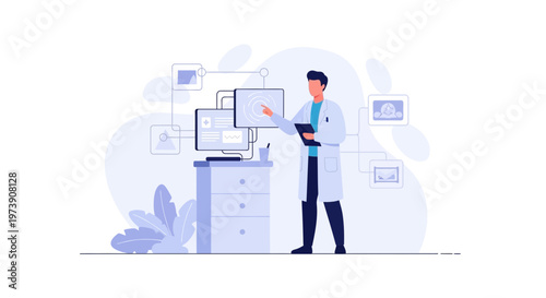 Doctor analyzing medical data on futuristic interface with digital screens and charts